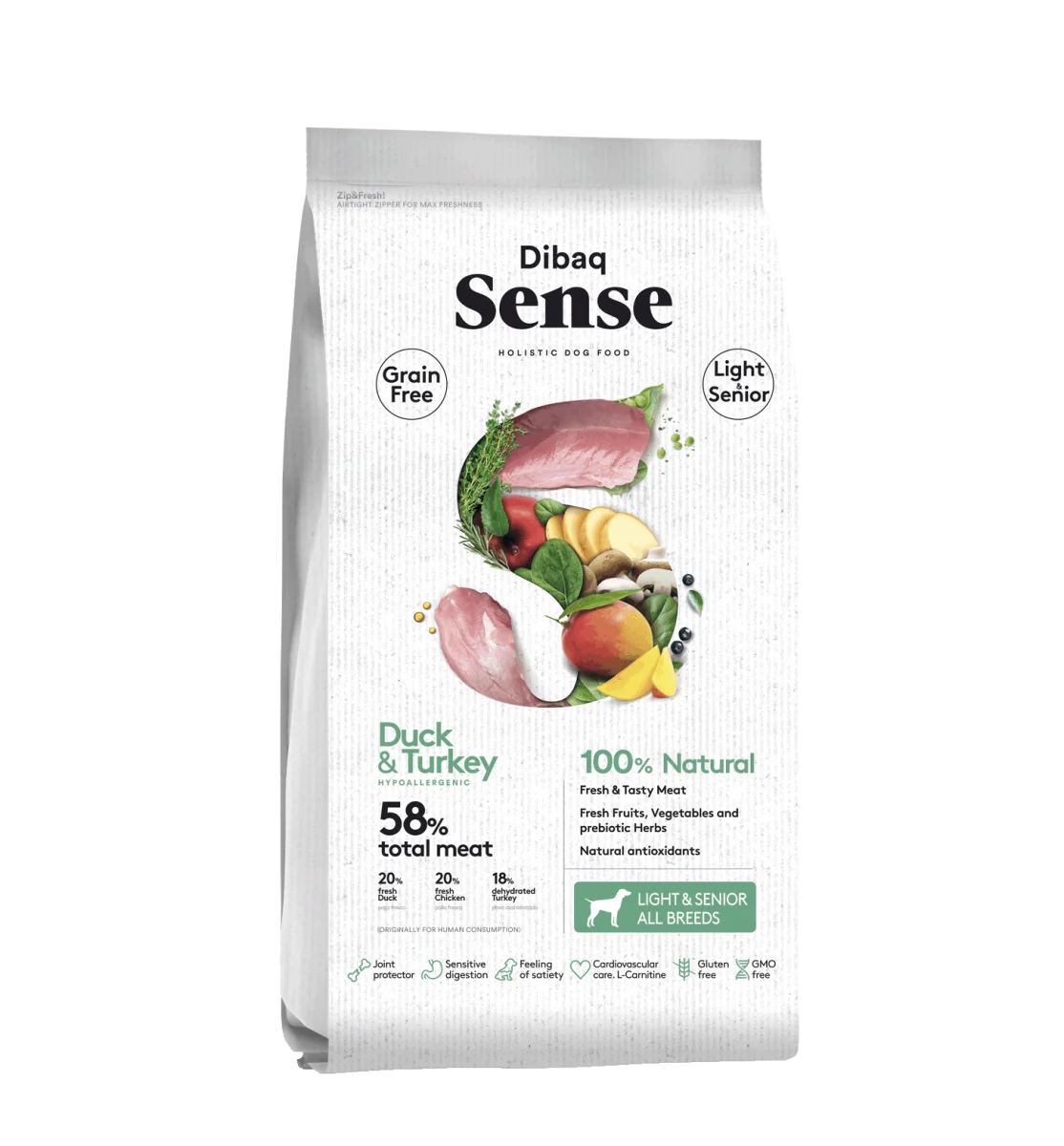 Dibaq Sense – Crocchette grain free light senior Anatra e Tacchino. 12kg